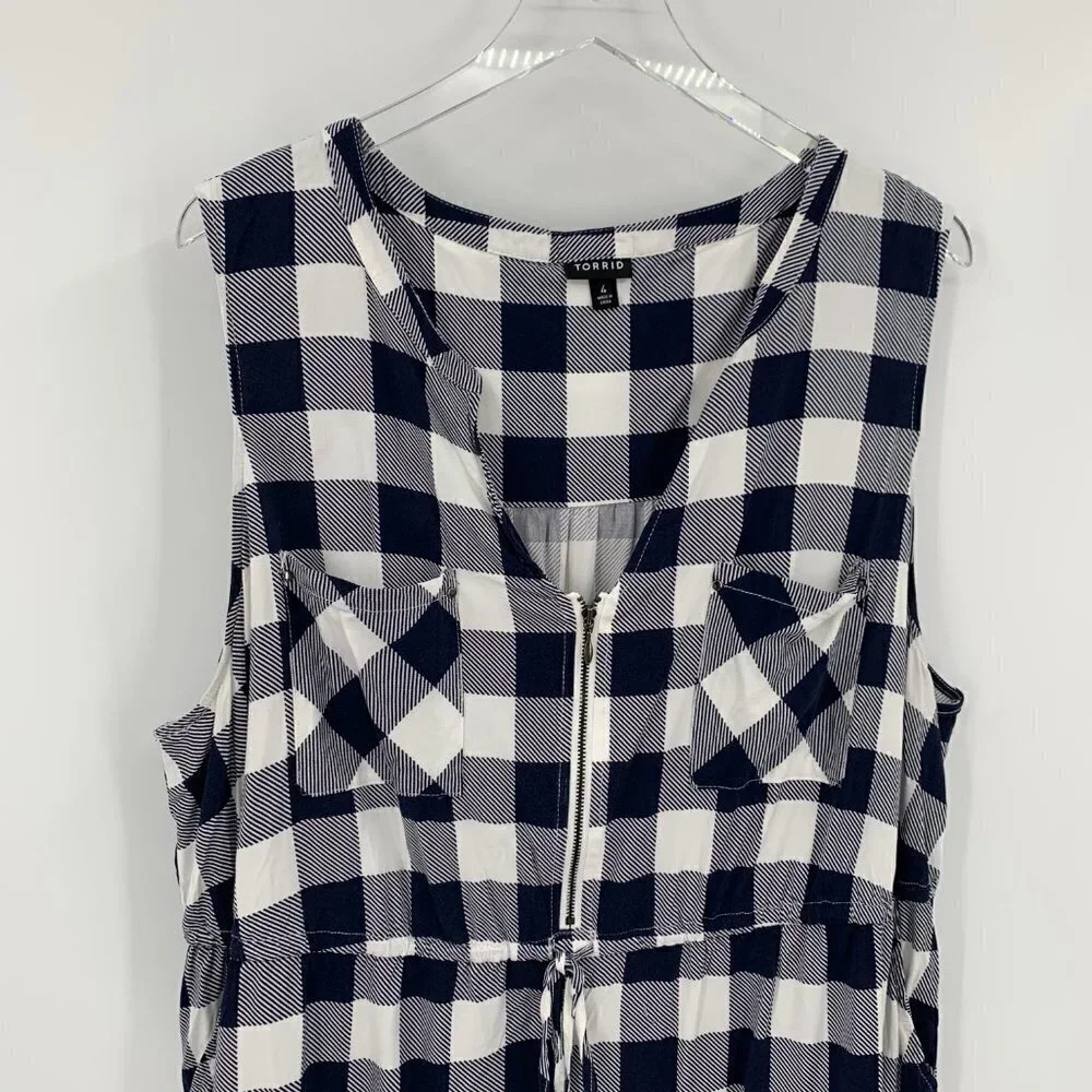 Torrid Mini Challis Zip-Front Shirt Dress navy blue white check plaid 4X 26 - Picture 3 of 5